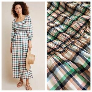 Anthropologie Maeve Plaid Cerie Smocked Dress puff sleeve midi off shoulder S